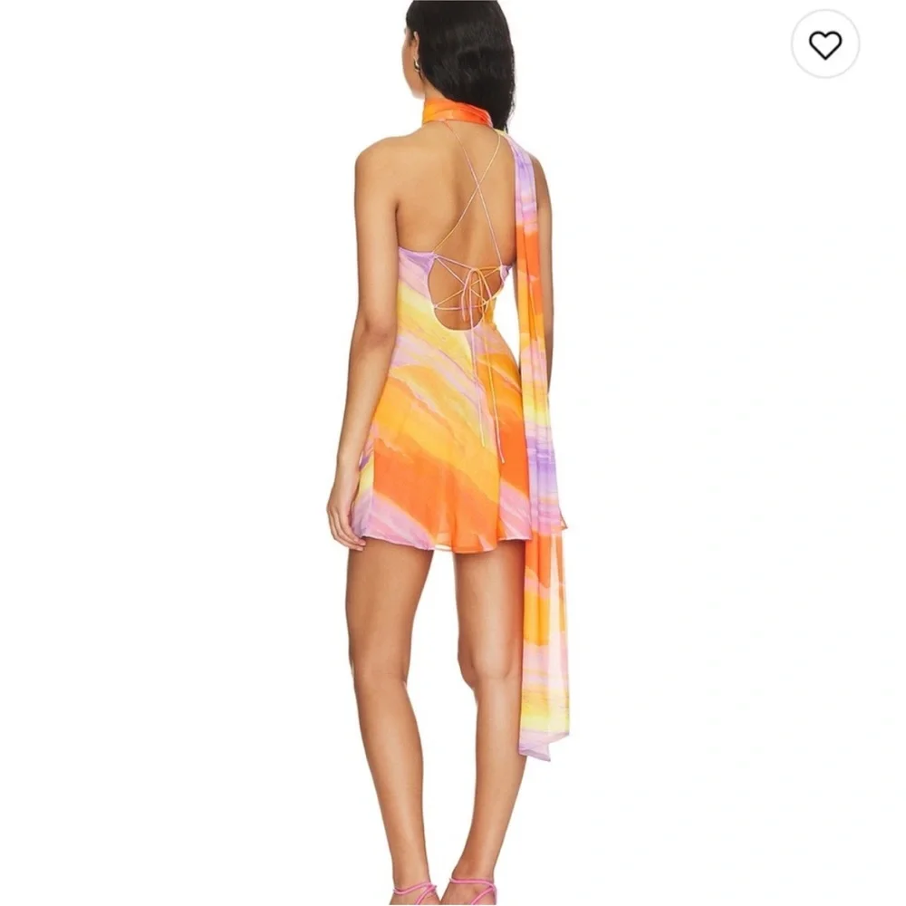For Love & Lemons Sunny Mini Dress XS Sunset Tie Dye Orange Pink Resort Party - Picture 4 of 13